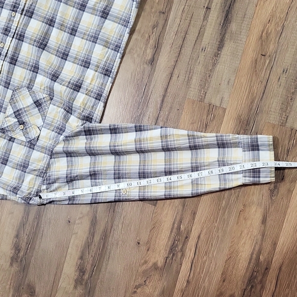 TIMBERLAND GRAY YELLOW PLAID ROLL TAB COTTON WESTERN BUTTON DOWN BUTTON SHIRT - Picture 13 of 15